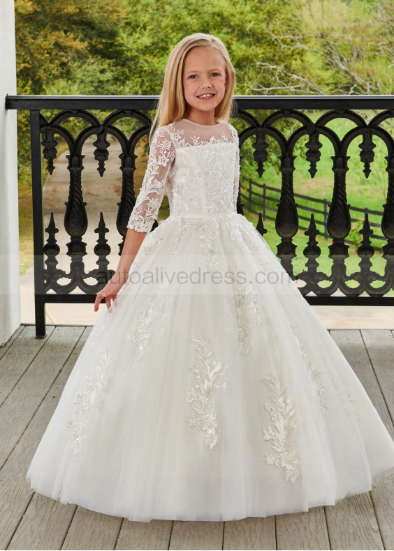 Illusion Neck Ivory Lace Tulle Floor Length Flower Girl Dress Illusion Neck Ivory Lace Tulle Floor Length Flower Girl Dress